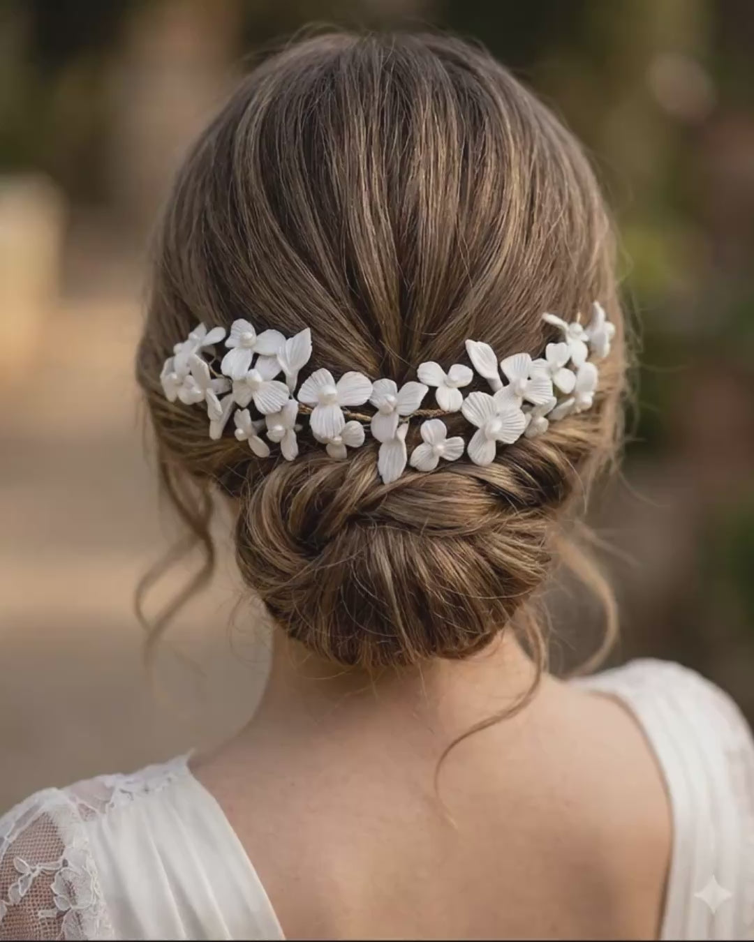 tocado-novia-artesanal-porcelana-fria-flores-blancas-pedra-acercandose